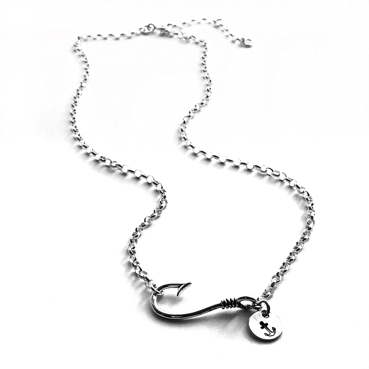 Sterling Silver Sporty Fishhook and Stamped Charm Necklace Fish Hook Pendant