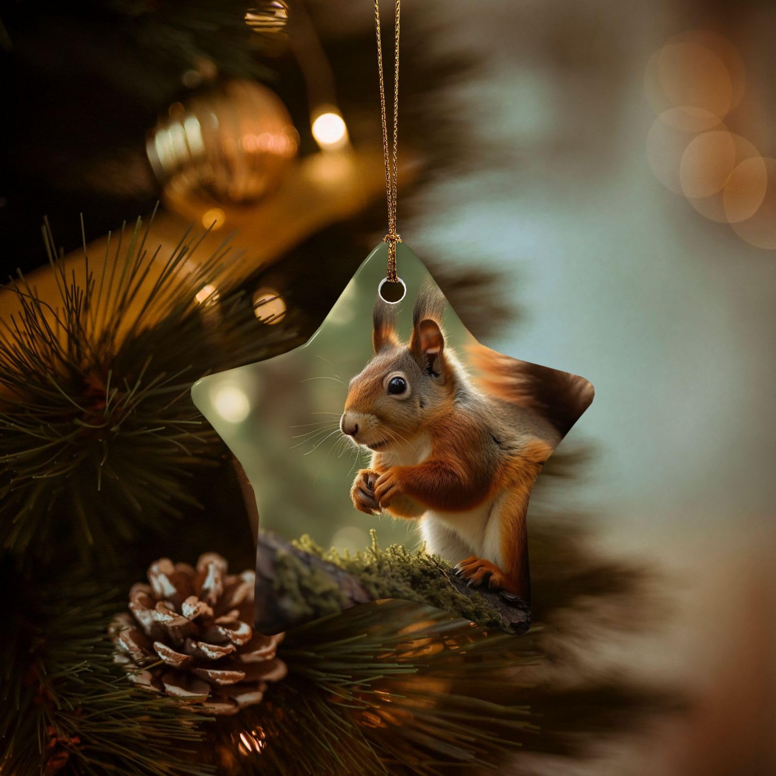 Christmas Ornaments for Christmas Tree Decoration Hanging Wildlife Forest Squirrel Ornament with Gold Ribbon Crafts Star Shape Ceramic Pendant for Keepsake Gifts Xmas Decor Party Supplies