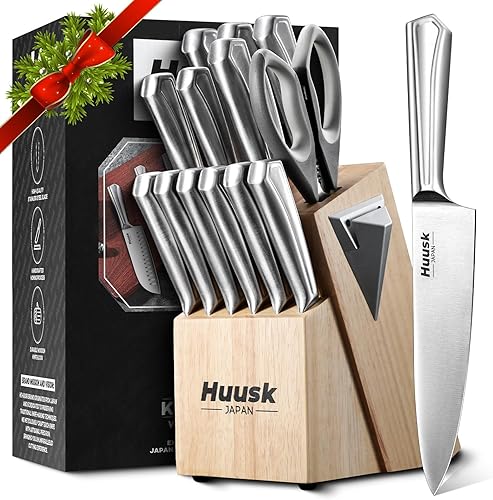 Huusk Juego de cuchillos de cocina, juego de cuchillos de cocina de 14 piezas con afilador integrado, juego de cuchillos de acero inoxidable con