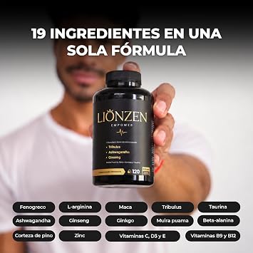Formula 19 Ingredients Man | Ashwagandha, Maca, Ginseng, Tribulus terrestris, Ginkgo, Beta Alanine, Taurine, Muira Puama, L-Arginine, Zinc, Vitamins. 120c | Lionzen Empower