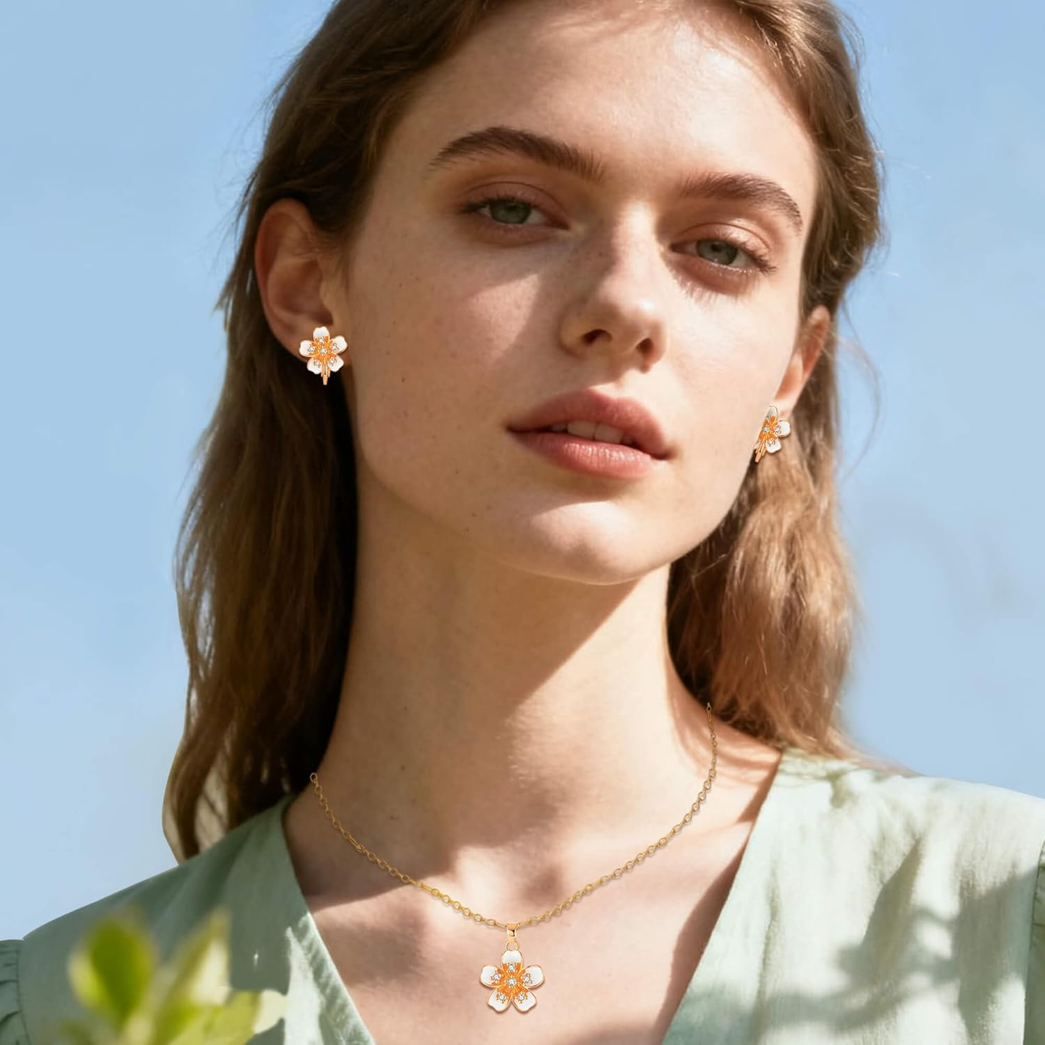 EVEVIC Flower Pendant Necklace Clip On Earrings Set for Women 14K Gold Plated Hypoallergenic Cherry Blossom Floral Jewelry Sets - Image 3