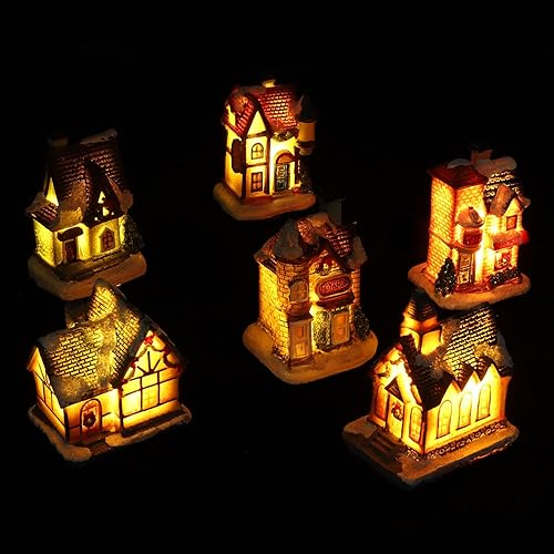 ABOOFAN Juego de 6 piezas de aldea de Navidad iluminadas con LED, casas de pueblo de Navidad preiluminadas, diminuta resina coleccionable, edificio