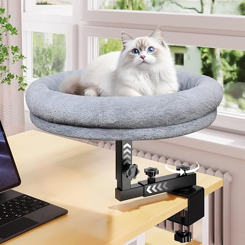 Large Cat Desk Bed, 360°Rotating & Adjustable Shelf, 18" Thickening Cat Bed for Desk, Soft Faux Fur with Mat, Suitable for Various Desktops - Maximum Hold Up to 44lb