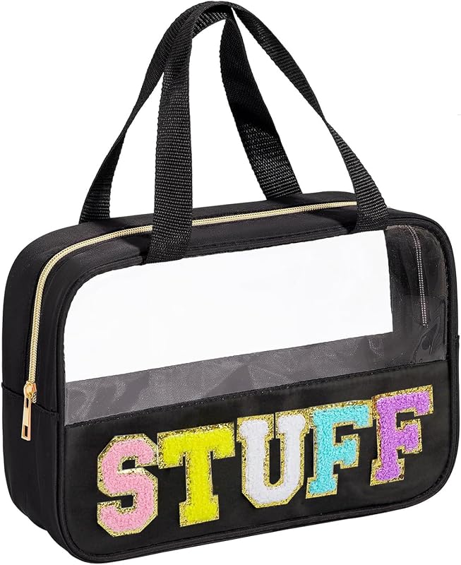 Necessaire transparente BuyCard Stuff-BK com zíper, alça e patches de chenille, nylon e PVC