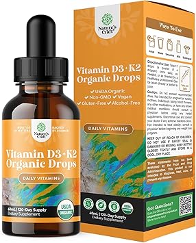 Natures Craft Liquid Vitamin D3 with K2 for Adults - Organic Drops 2000IU per Serving Vegan Bone Muscle Heart & Immune Support MCT Oil Enhanced Absorption - 2Fl Oz Pack of 1