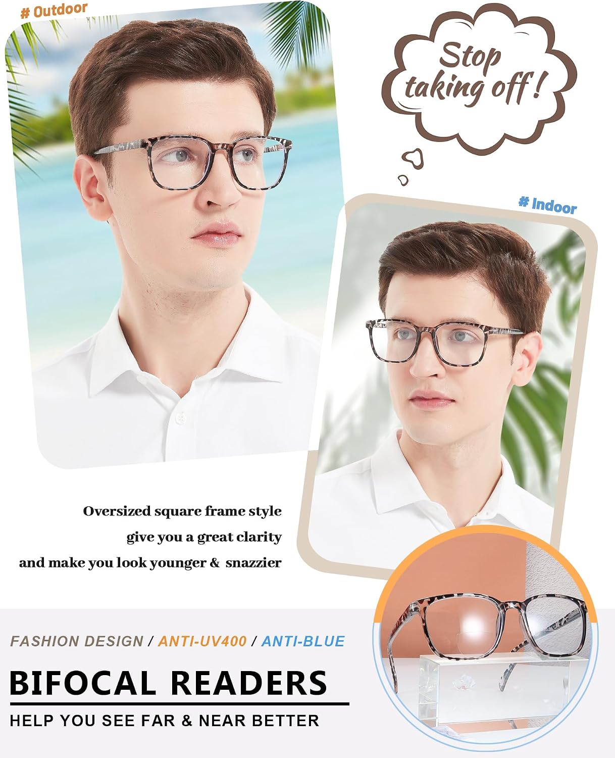 MARE AZZURO Oversized Bifocal Reading Glasses Men Blue Light Blocking Readers 1.0 1.25 1.5 1.75 2.0 2.25 2.5 2.75 3.0 3.5