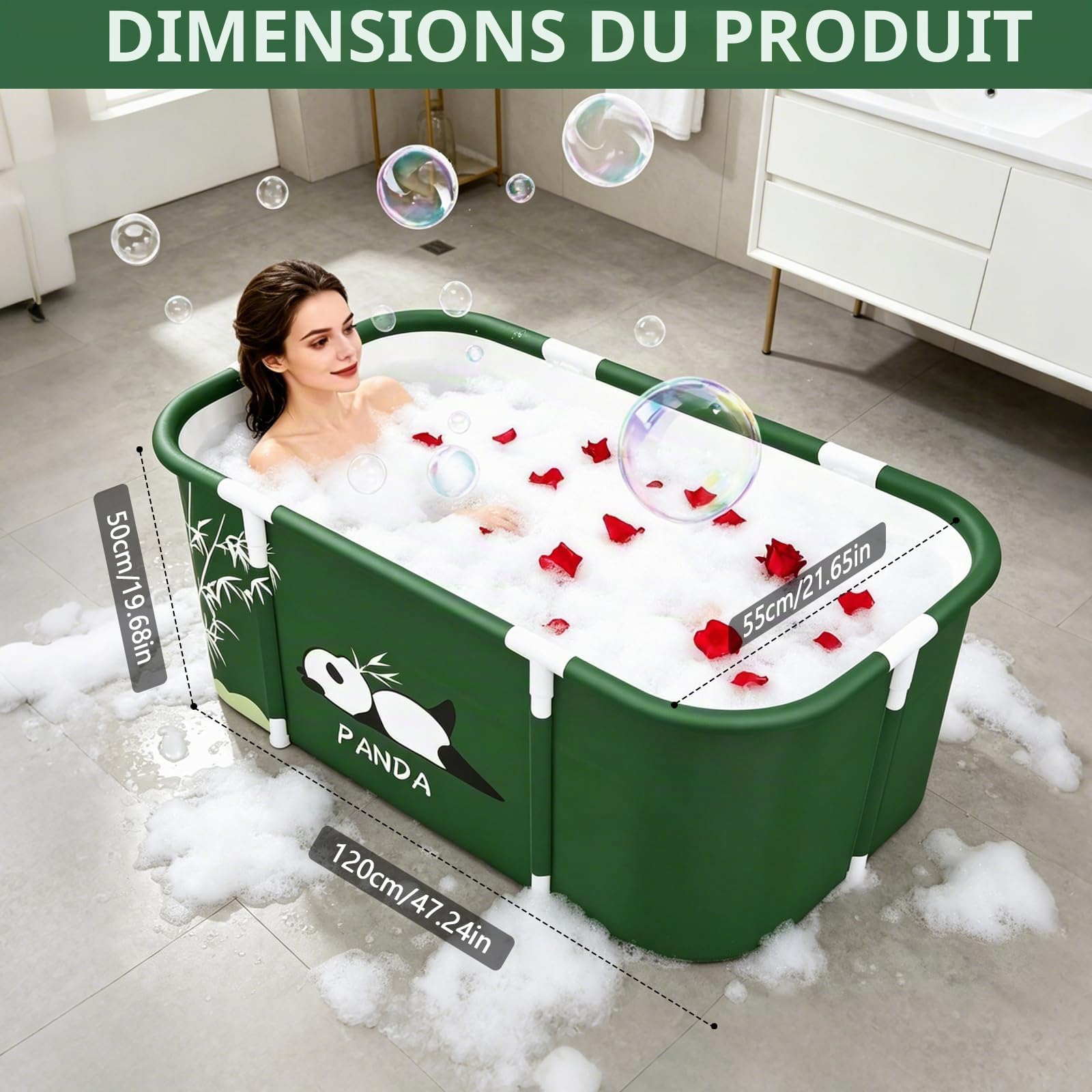Baignoire Pliante pour Douche, Baignoire Portable Pliable pour Adultes avec Coussin et Dossier, Chaude et Froide, Idéal pour Spa à Domicile et Douche,120 x 55 x 50 cm (Vert)