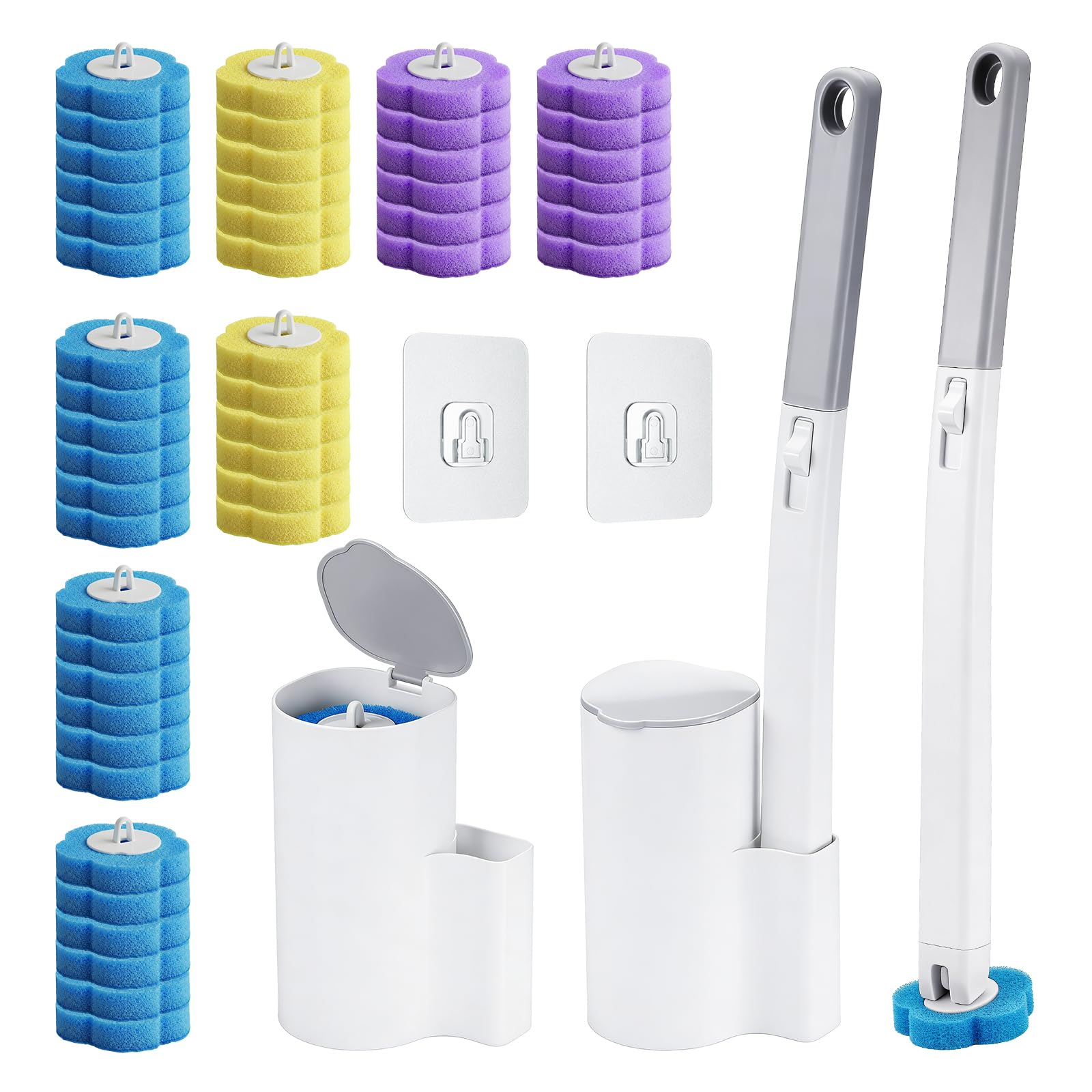 Scopino Bagno WC Usa e Getta, Scopettino a Muro Bagno con Manico Lungo e Testina in Spugna Usa e Getta, Scopino per WC con 48 Ricariche Detergenti per Lavandini e Vasche da Bagno (3 sapori)