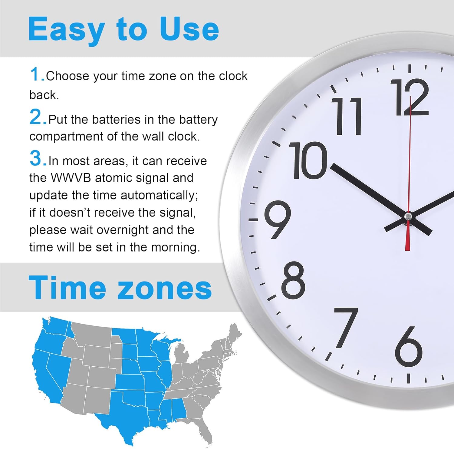 Atomic Analog Wall Clock, 14Inch Radio Controlled Sets Automatically WallClock, Aluminum Frame Wall Clock Decorative for Home Kitchen Living Room Bedroom Office School