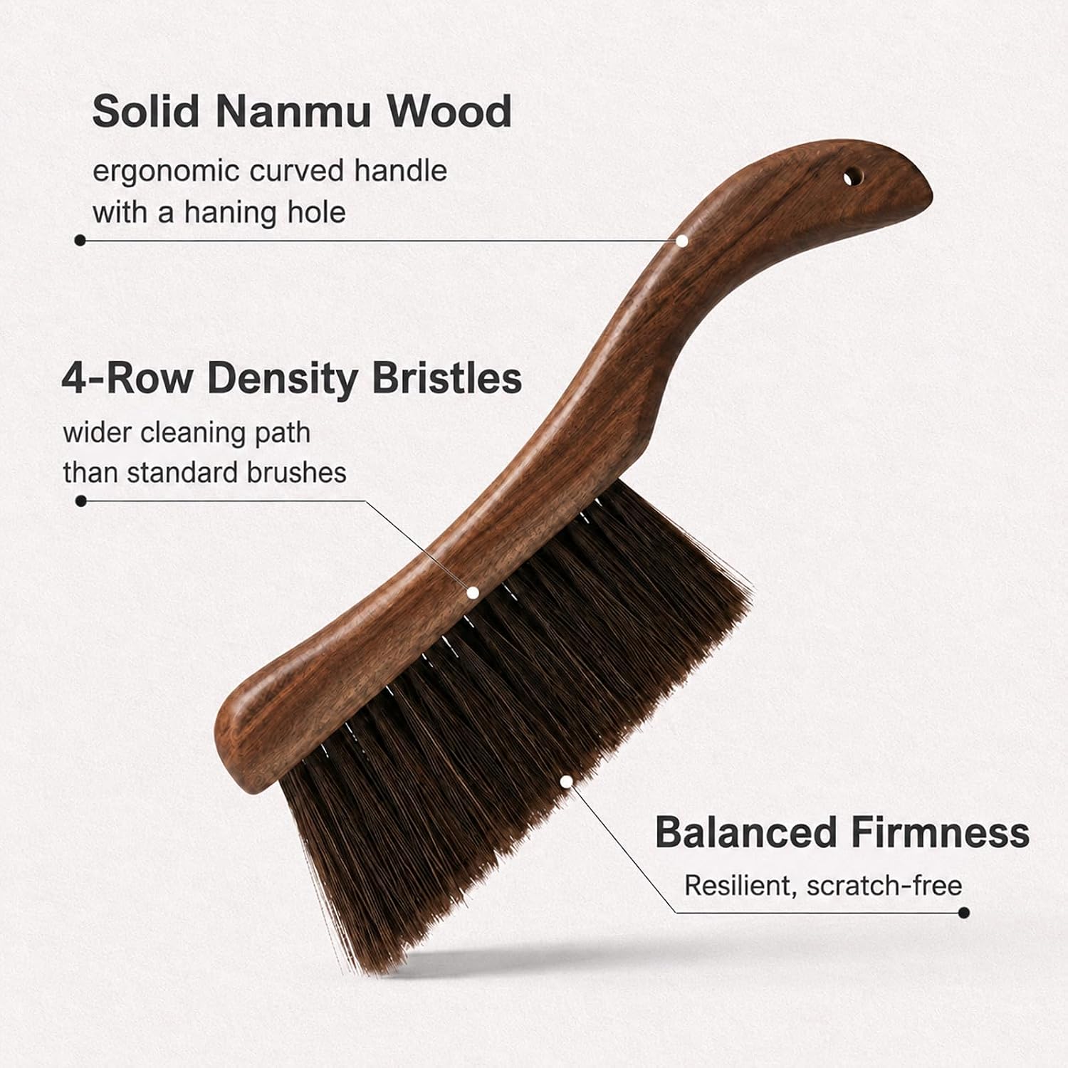 Hand Broom Dust Brush, Curved Wooden Bench Brush with Balanced Firmness Bristles for Couch, Bed, Car & Desk, Foxtail Brush & Crumb Sweeper with Drawstring Bag, Lanyard & Hook
