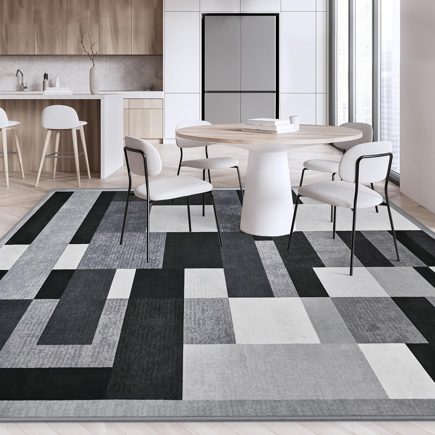 TWINNIS Indoor Modern Area Rug, 5x8 Geometric Patchwork Style Washable Large Rugs for Living Room Bedroom Hardwood Floors, Non Shedding Non Anti Backing Soft Carpet Home Floor Decor, Black - Image 3