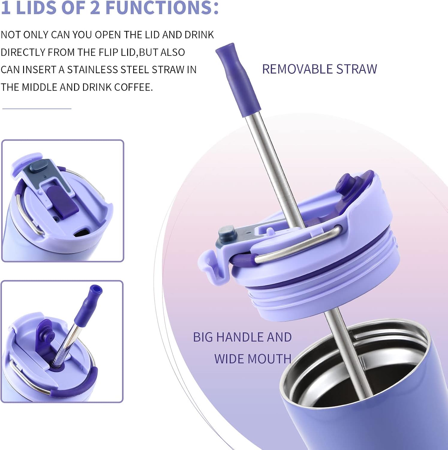 BOTTLE BOTTLE Coffee Tumbler with Dual-use Lid and Straw Double Walled Iced Travel Coffee Mug for Woman and Man 12 oz Stainless Steel Insulated Tumbler with Handle (purple) - Image 3
