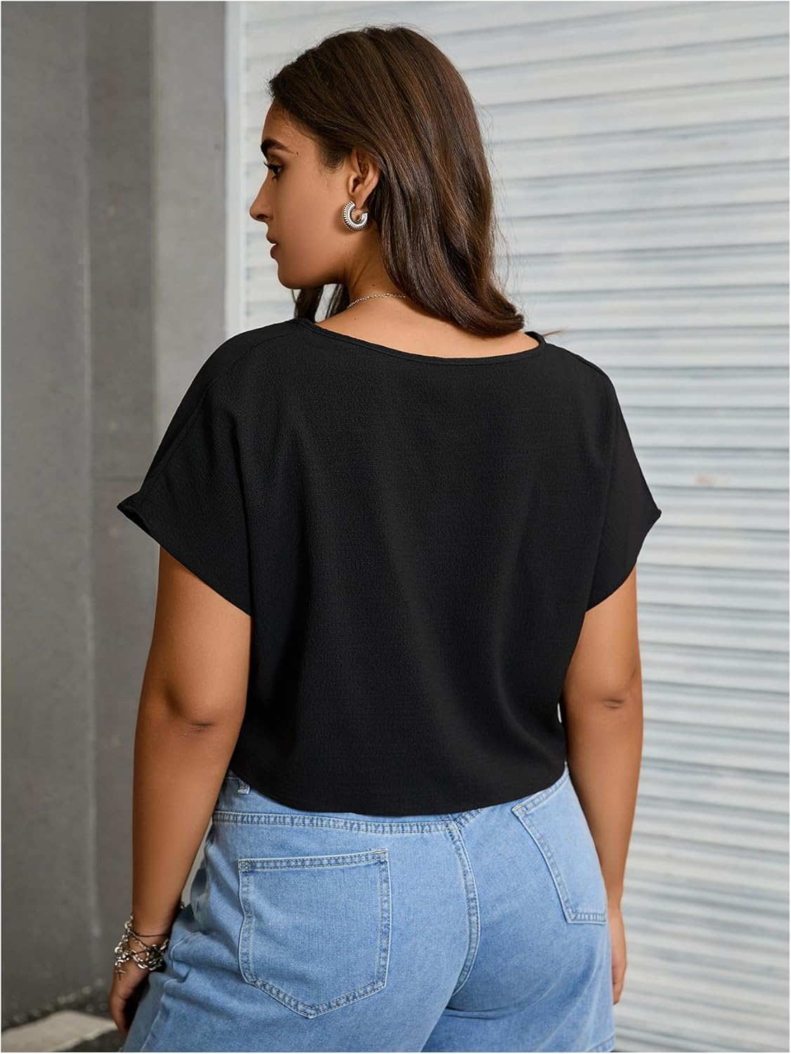 MakeMeChic Women's Plus Size Ruched Front Short Sleeve Shirts Casual V Neck Crop Top Blouse - Image 2