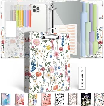 3 Ring Binder 1 Inch, Three Ring Binders Organizer with Clipboard, 5-Tabs Pockets Dividers, Plastic Folder, 18 Divider Stikers, BVSSX Cute Binder with Pen Loop Blue Bloom, Letter Size