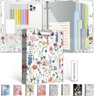 3 Ring Binder 1 Inch, Three Ring Binders Organizer with Clipboard, 5-Tabs Pockets Dividers, Plastic Folder, 18 Divider Stikers, BVSSX Cute Binder with Pen Loop (Blue Bloom, Letter Size)