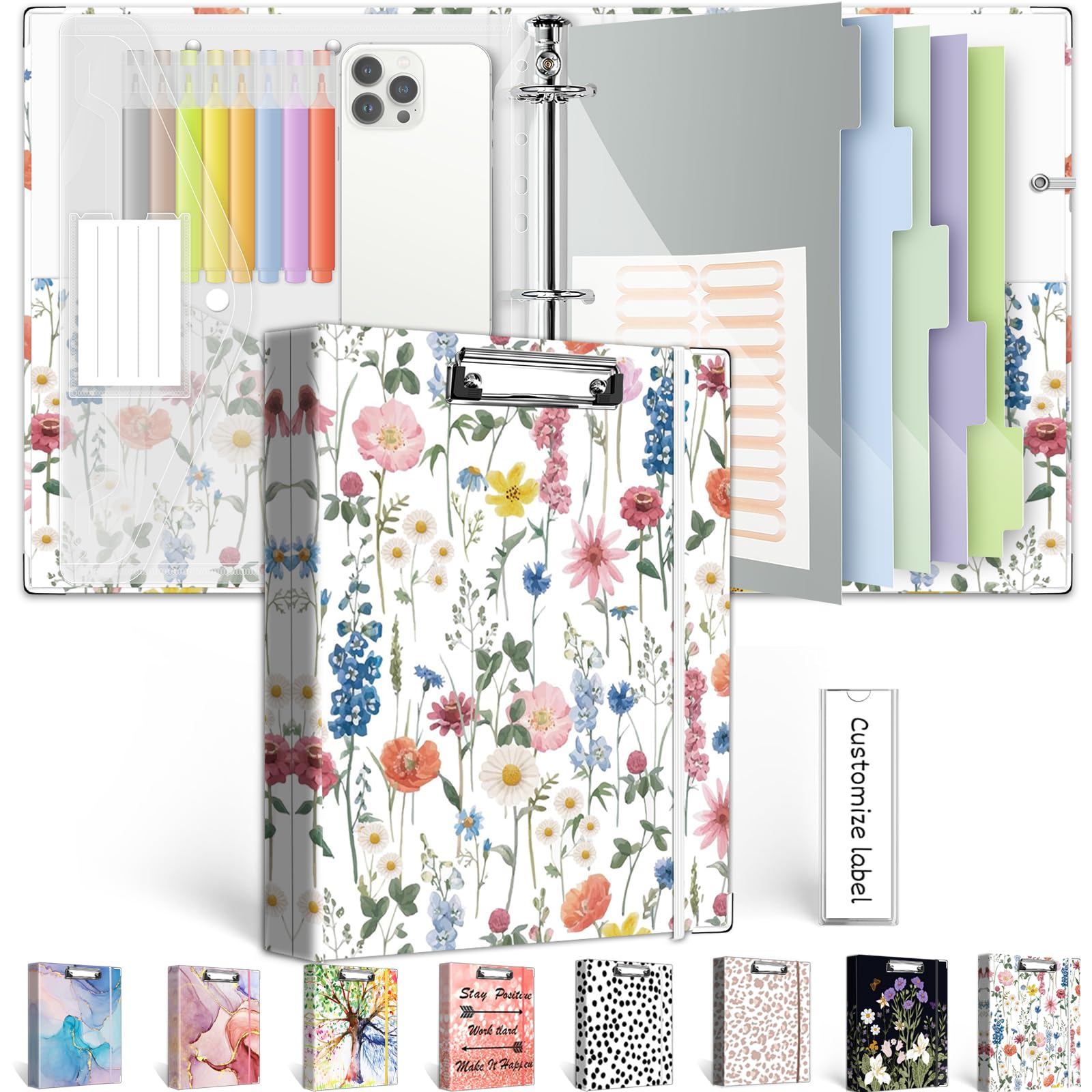 3 Ring Binder 1 Inch, Three Ring Binders Organizer with Clipboard, 5-Tabs Pockets Dividers, Plastic Folder, 18 Divider Stikers, BVSSX Cute Binder with