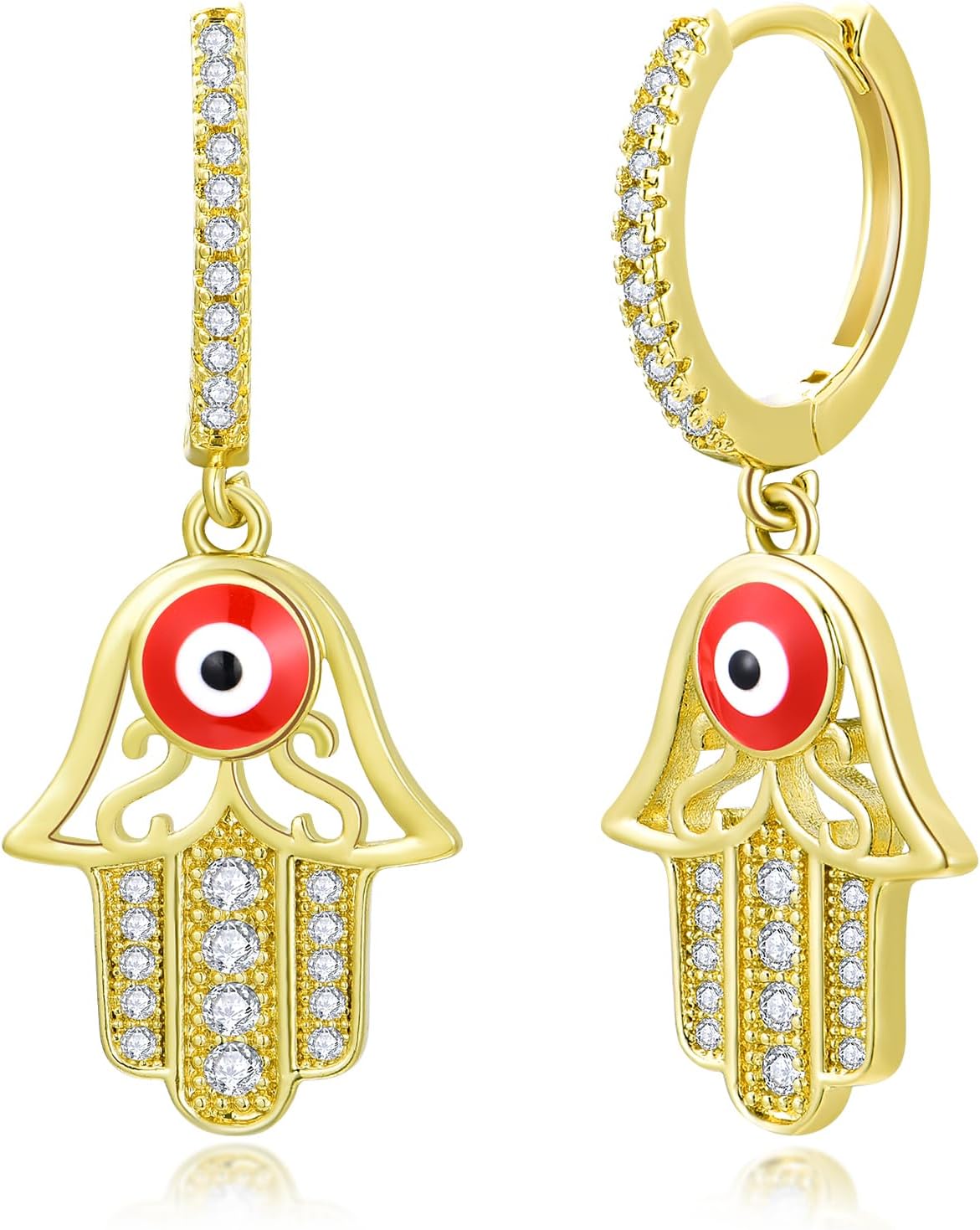 Women’s Hamsa Hand Evil Eye Huggie Hoop Earrings – Gold-Tone Brass with Cubic Zirconia, Red Enamel Protection Dangle Hoops, Lucky Gift