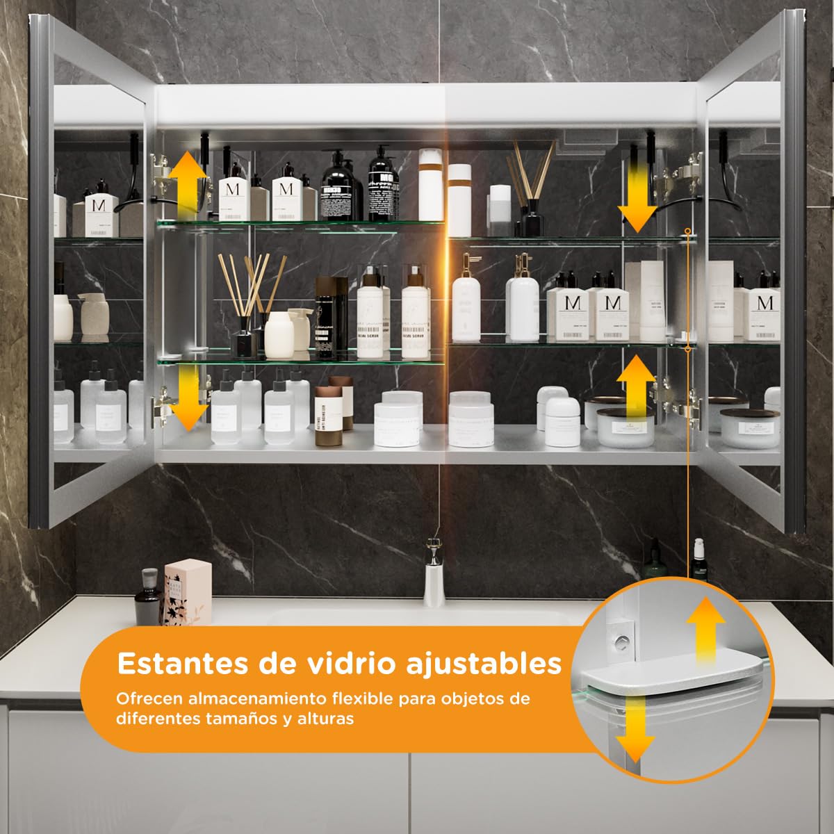 Armario con Espejo para baño con iluminación, 80 x 60 cm, Espejo de baño LED con Estante, Enchufe, antivaho, Interruptor táctil, Montaje en Pared para baño Moderno
