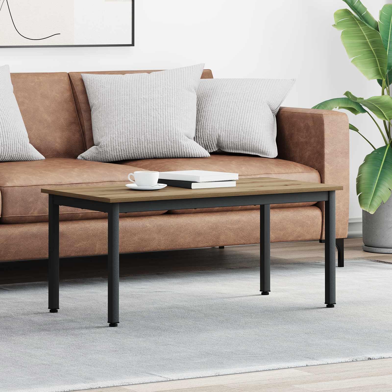 Générique Prostokątny stolik kawowy 100x50x45 cm Wood Ingenierie | Solidne metalowe nogi, łatwa do czyszczenia powierzchnia, nowoczesny minimalistyczny design, do codziennego użytku w salonie