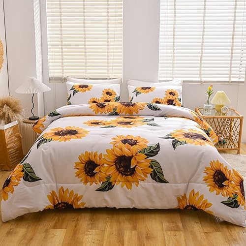 Miniatura 8 de NTBED Juego de edredón de girasoles tamaño Queen, edredón de microfibra de 3 piezas con estampado botánico amarillo floral para niñas y adolescentes