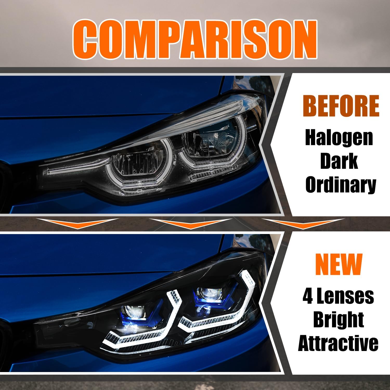 Headlights for 2013-2018 BMW F30 F31 320i 328i 330i 340i 3 Series 4dr sedan Front Lamp (For Halogen Model)