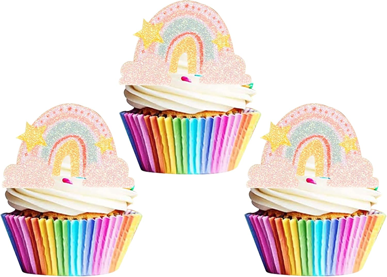 24 PCS Rainbow Cupcake Toppers with Glitter Cloud Star