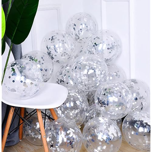 50pcs Silver Foil Confetti Balloons,12 inch Latex Balloon with Silver Confetti Inside for Birthday Family Party Wedding Party Baby Shower Decoration Supplies