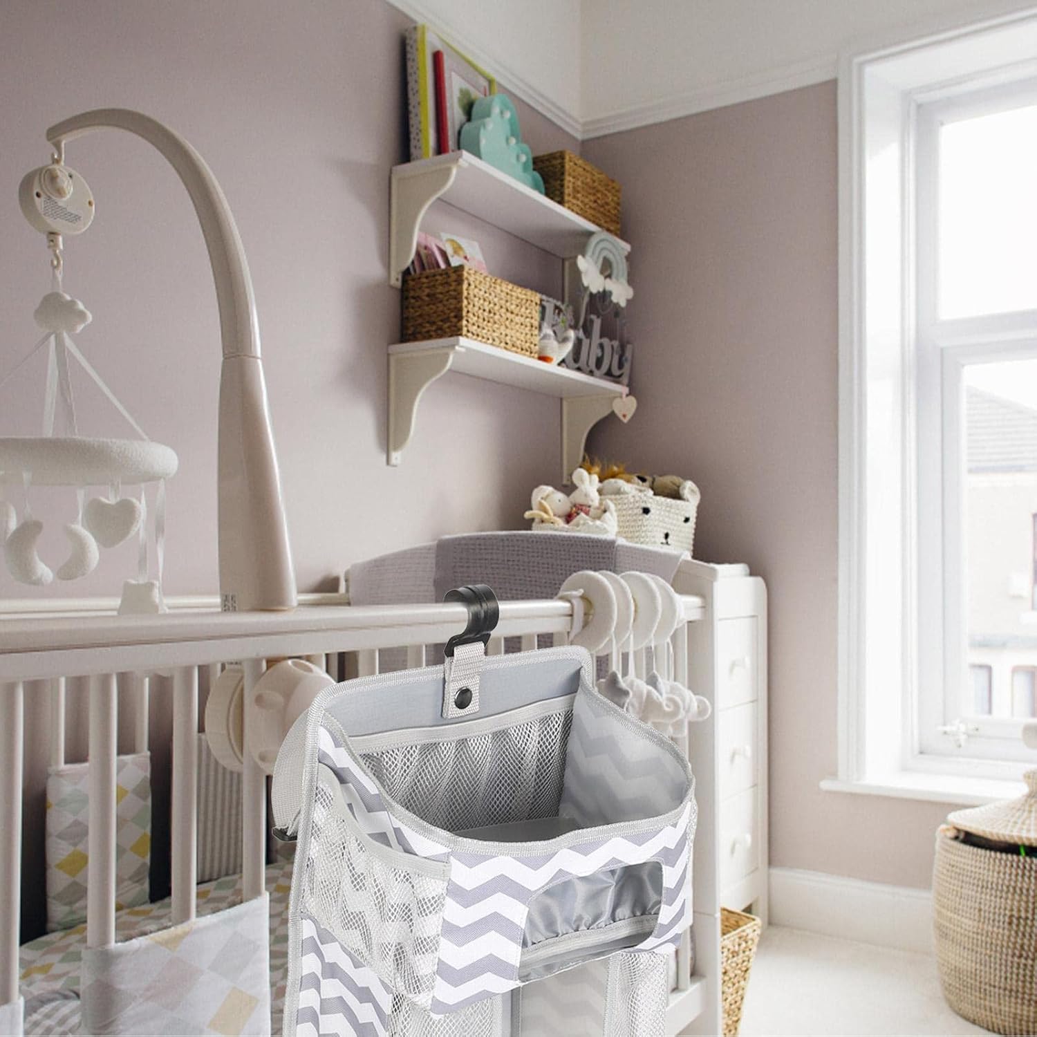 Modern, Minimalistic Hanging Organizer for Crib, Car, Bathroom, Children's Room, Nursery - Grey, Clear Window Caddy Hanger