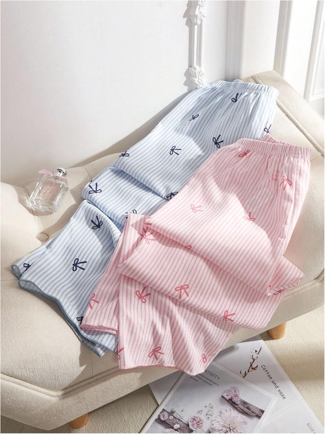 Milumia Women's 2 Pack Pajama Pants Striped Bow Print Elastic Waist Lounge Pj Bottoms - Image 2