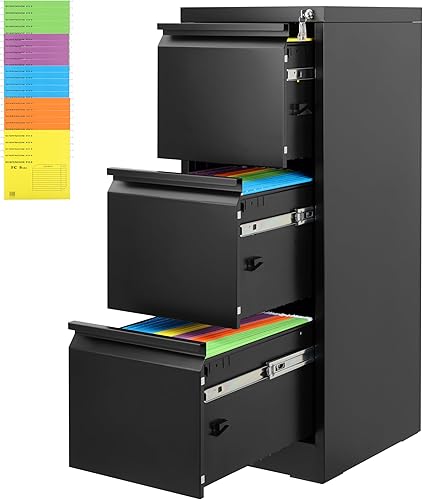 Finnhomy Archivador vertical de 3 cajones con cerradura, archivadores de metal negro para oficina en casa, gabinete de almacenamiento de metal