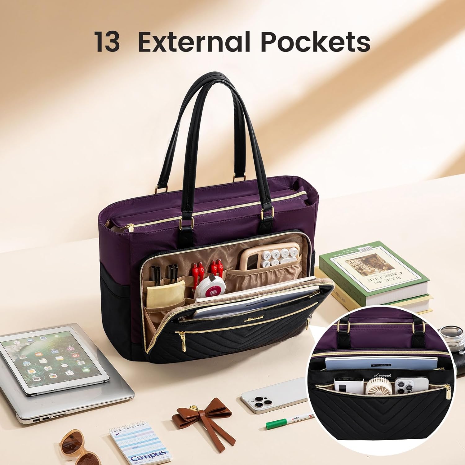 LOVEVOOK Tote Bag, Laptop Bag for Women with Large Cup Holder, Work Teacher Tote Bag with Large Cup Holder, Nurse Diaper Bag for Travel, Women's Handbags for Teacher gift, Black-Purple, 15.6 Inch - Image 4