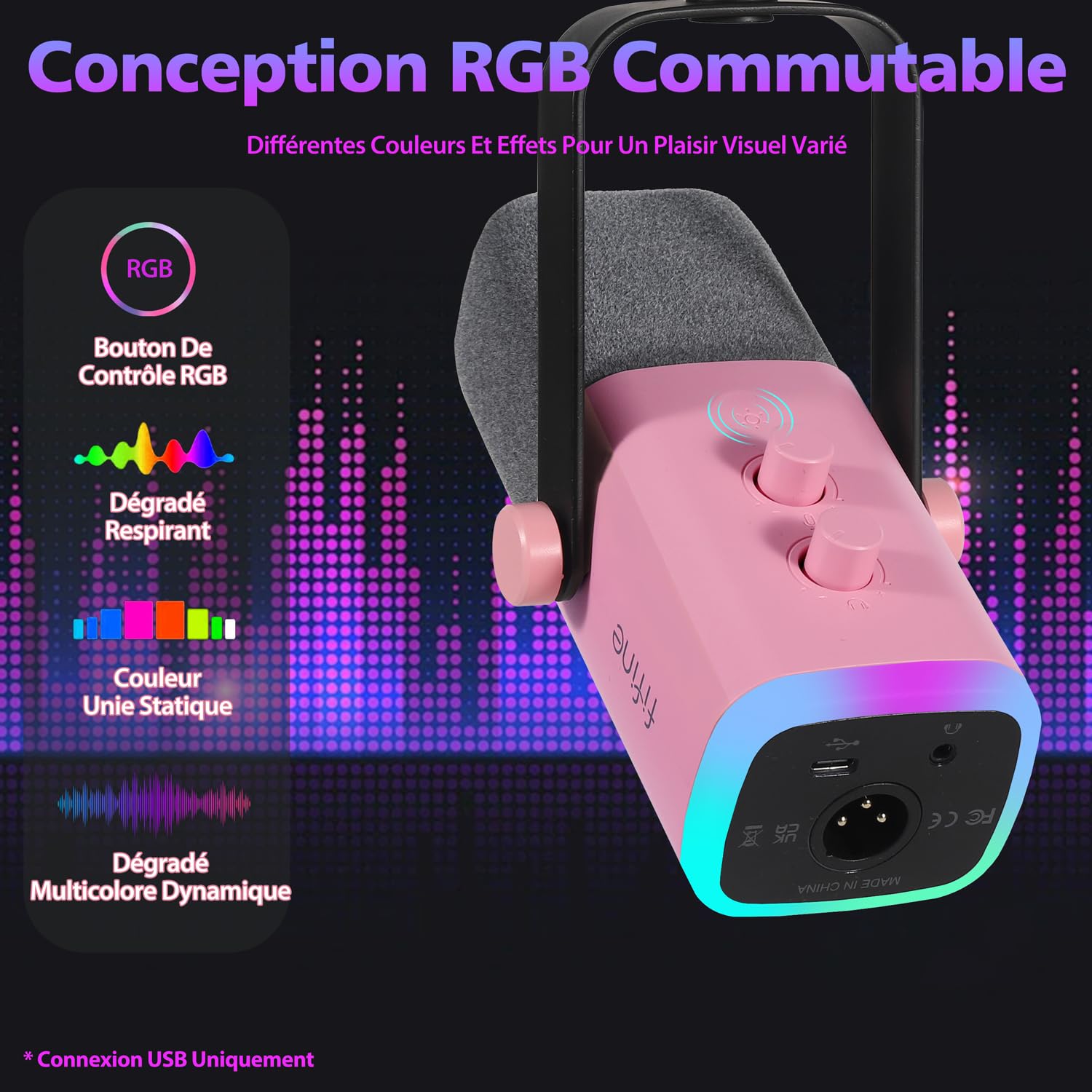 FIFINE USB/XLR Streaming Micro Gaming pour PC PS4 PS5, RGB Cardioïde Dynamique Microphone avec Support, pour Mixer Cartes Son, pour Gaming, Podcasting, Broadcasting, Enregistrement Vocal - Rose