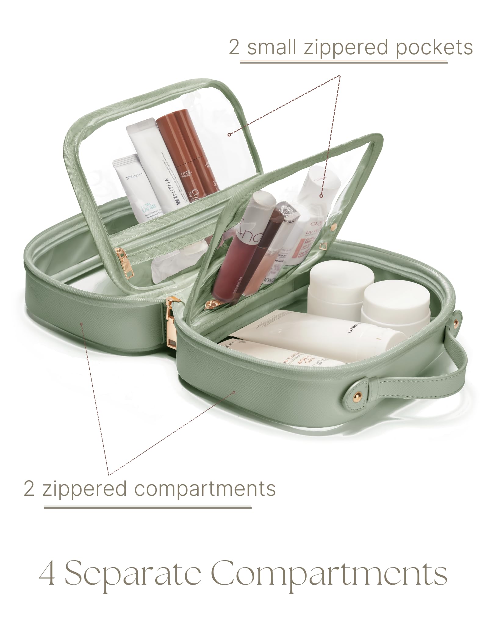 Borsa cosmetica trasparente a doppio strato, borsa da viaggio trasparente con 4 scomparti, borsa da viaggio trasparente per articoli da toeletta, grande borsa da toilette per donna, Verde salvia