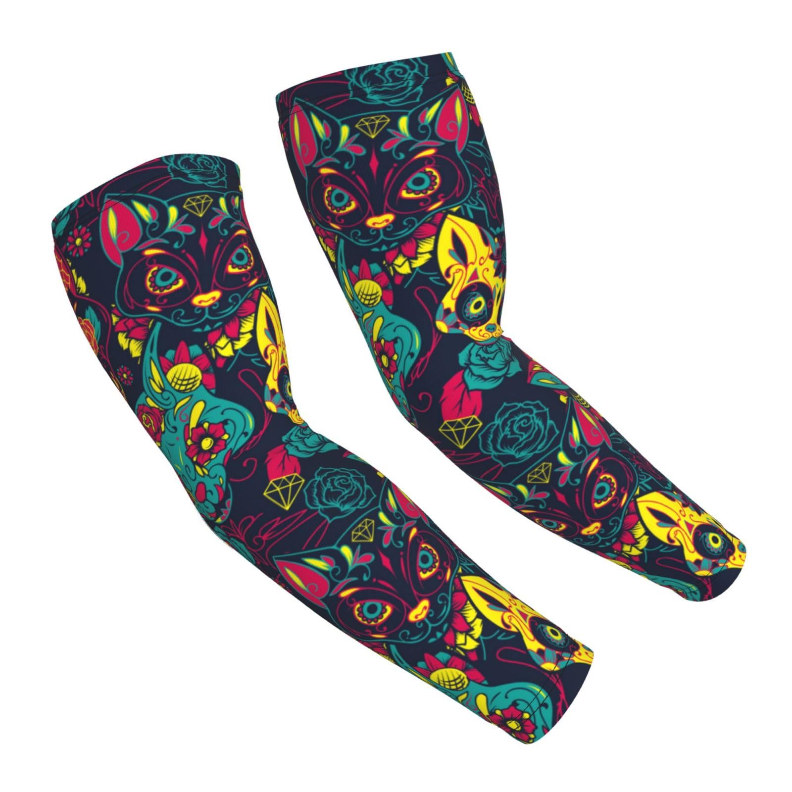 MZERSE Fashion Cooling Sun Sleeves UV Protection Arm Sleeves Compatible With Day Of The Dead Halloween Sugar Cat Skull Arm Cover Sleeve, Non Slip Arm Sleeves for Men Women
