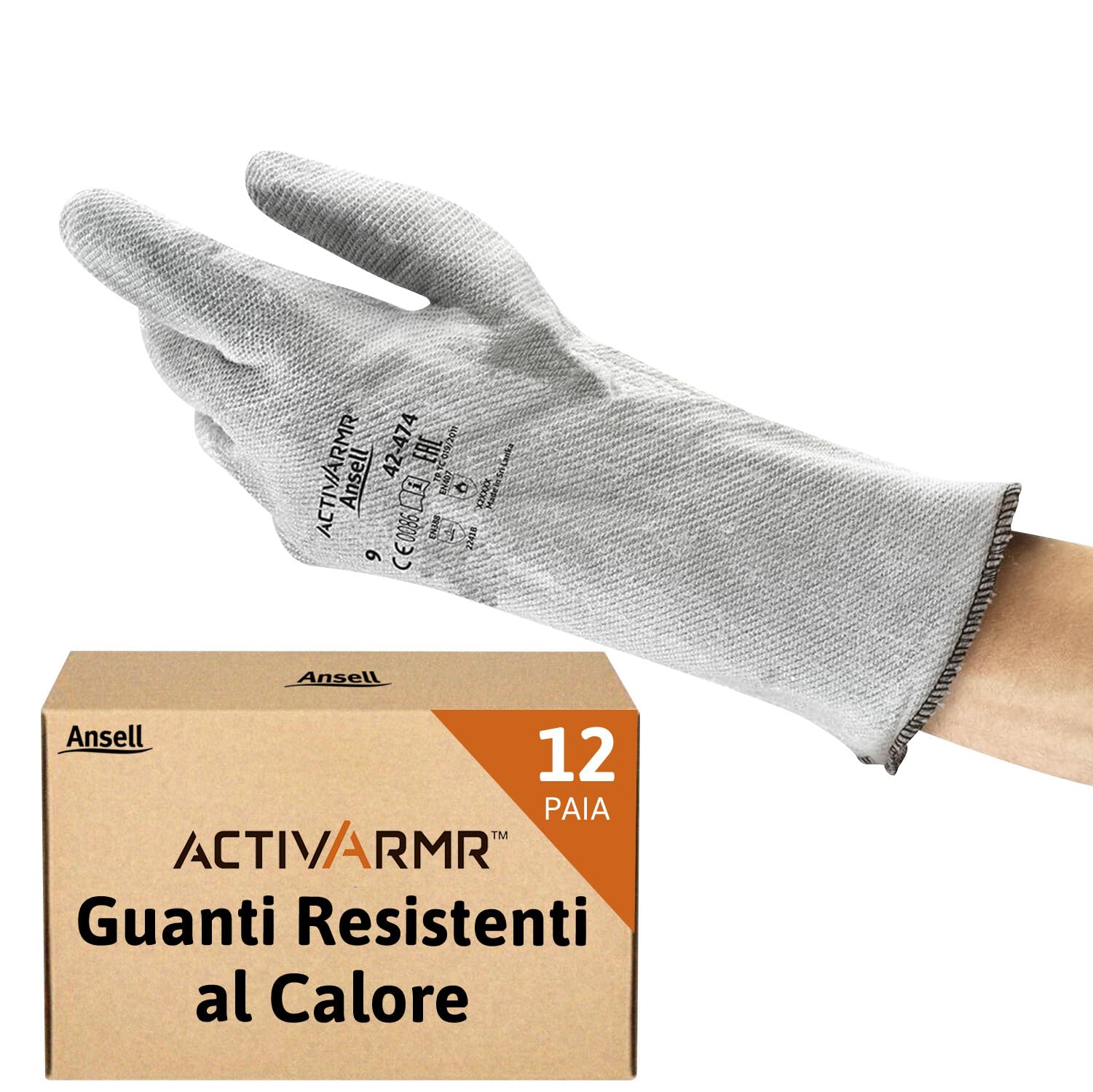 Ansell ActivArmr 42-474 Guanti Termoresistenti, Per Usi Speciali nei Settori Industriale, Meccanico e Chimico, Protezione Resistenti, Guanto Antinfortunistici, Grigio, Taglia XL (12 Paia)