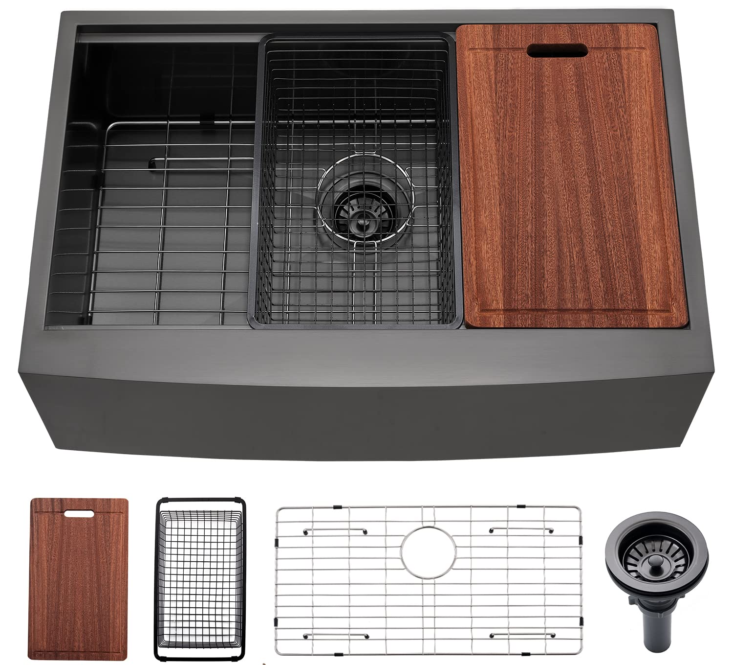 33 Black Stainless Steel Workstation Farmhouse Kitchen Sink, 33x22x10 Inch 16 Gauge Black Stainless Steel Undermount Apron Front Kitchen Sinks With Accessories BL22S