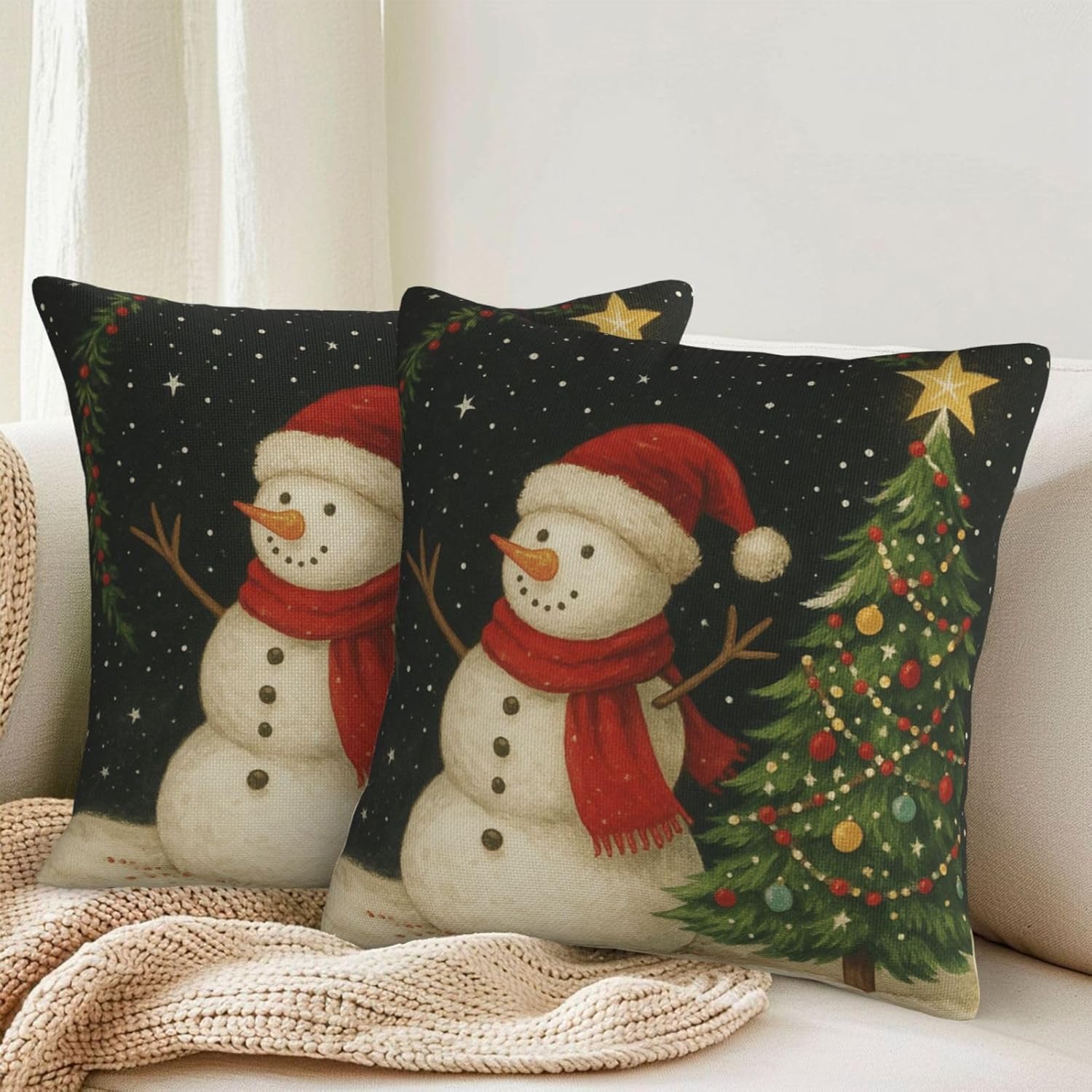 KiuLoam Black Christmas Tree and Snowman Pillow Covers 22x22 Inch Set of 2 Rustic Decorative Throw Pillows Outdoor Neutral Farmhouse Cushion Cases for Sofa Couch Bed Decor