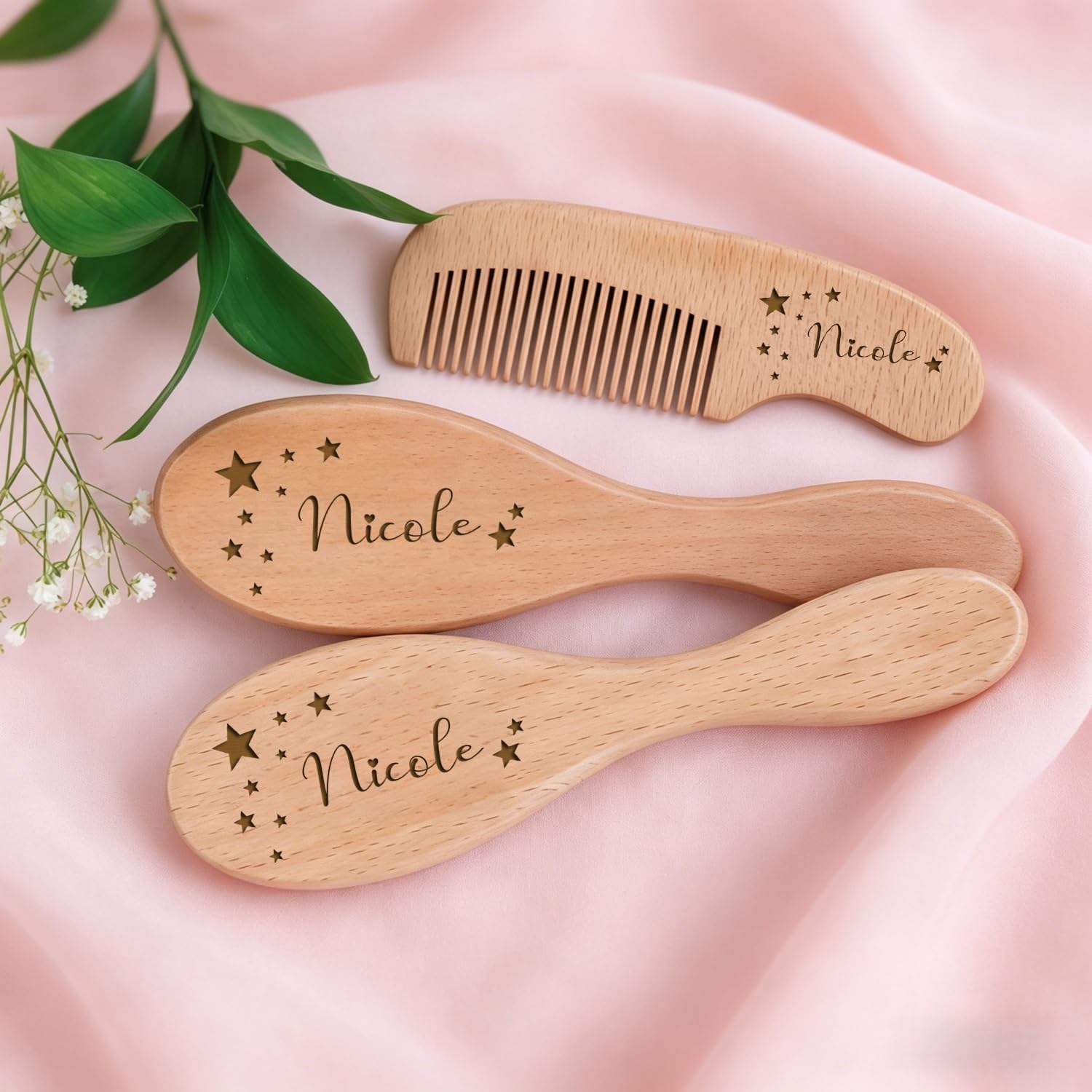 Mi Primer Juego De Cepillos for El Cabello Personalizado, Cepillo Y Peine De Madera for Bebé Con Grabado Personalizada, Paquete De 3, Kit Aseo Esencial for Recién Nacidos, Regalo for Nuevas Mamás