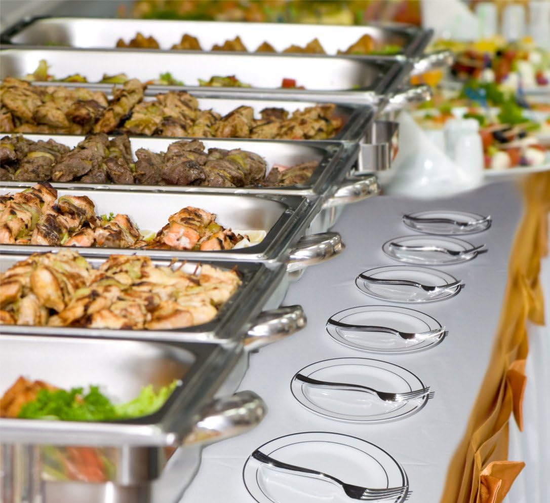 100 Heavyweight Elegant Plastic Disposable 7.5” Small Plates & 100 Silver Plastic Forks, Perfect for Salads, Desserts, Tapas, Appetizers, Hors d' oeuvres, Parties, Catering, Wedding Cakes
