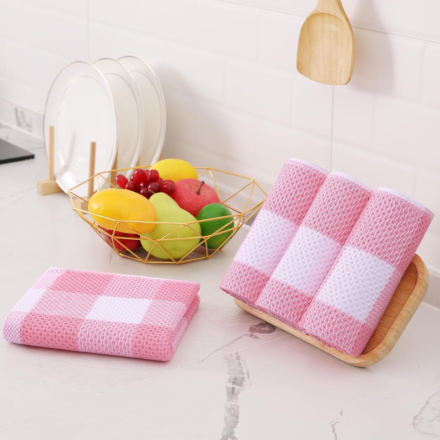 Homaxy Kitchen Towels and Dishcloths Set, 12 x 12 and 13 x 28 Inches, Set of 8 100% Cotton Waffle Weave Check Plaid Kitchen Dish Towels, Super Soft and Absorbent Dish Cloths, White & Pink - Image 8