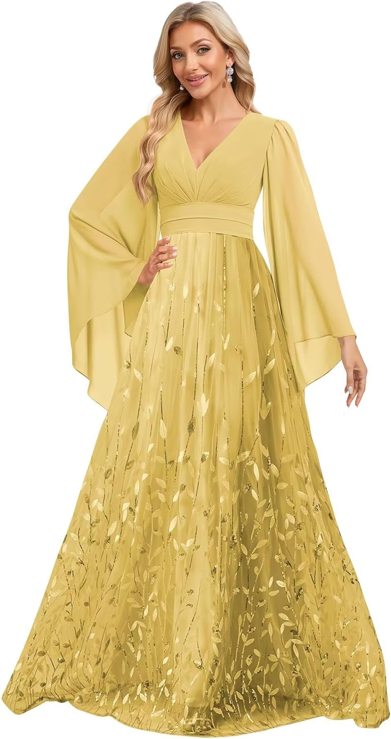 Mother of Bride Dresses for Women Leaf Sequins Formal Dress Tulle Long Sleeves Chiffon V Neck Evening Gowns