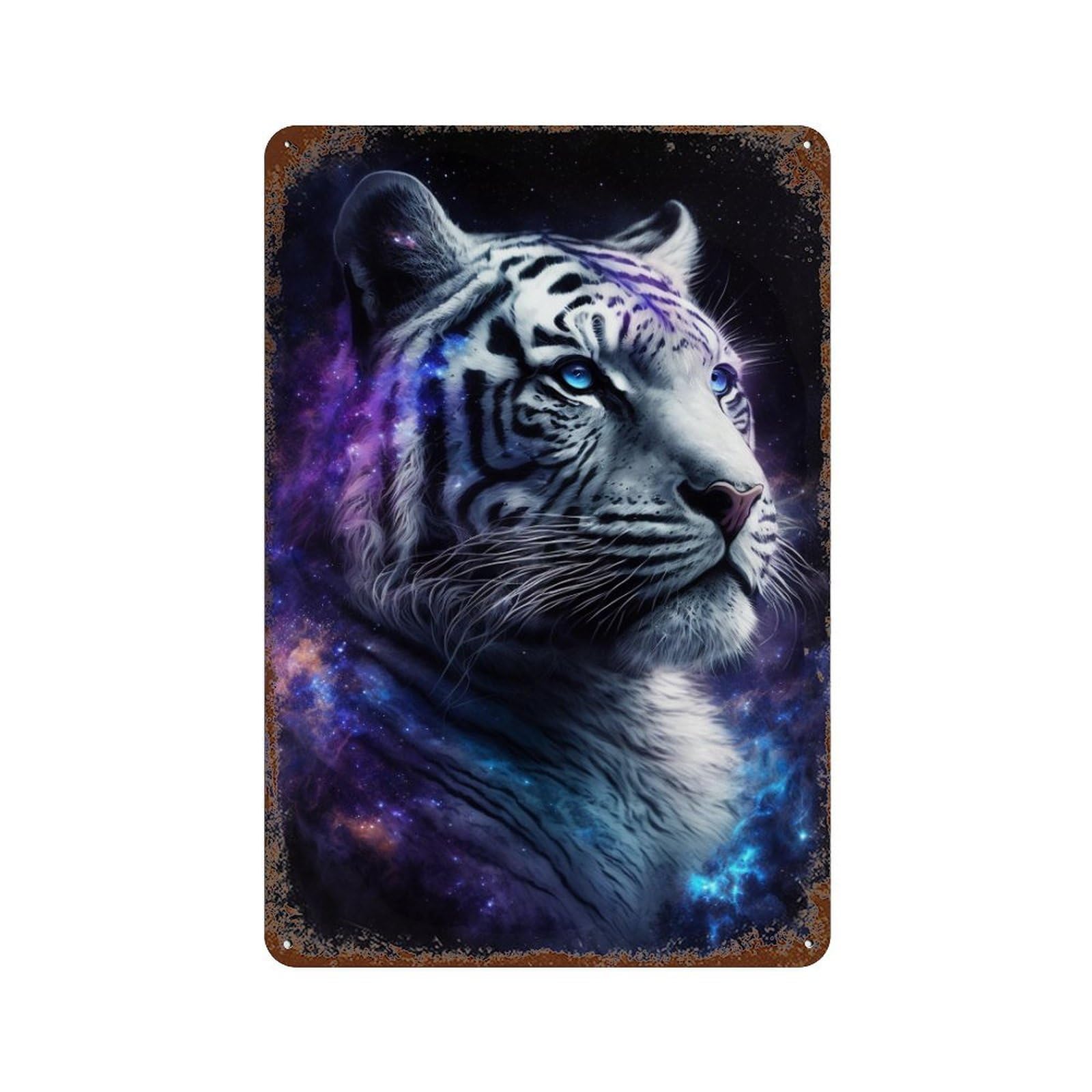 Cosmic Tiger Portrait Print Aged Metal Wall Plaque 11.8"x7.9", Ideal for Garage, Bar And Workshop Decor