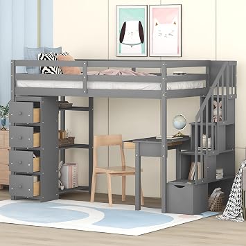 DEINPPA Twin Size Loft Bed with Built-in Desk and 5 Storage Drawers, Wooden Loft Bed with Storage Stairs and Shelf, for Boys Girls Teens Kids, No Box Spring Needed