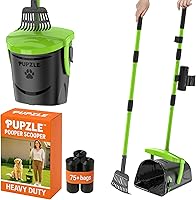 Pupzle 40" Long Handle Pooper Scooper for Large Dogs - Swivel Bin, Rake, Easy Bag Attachment & Odor-Blocking Lid for Yard Cleanup (Green)