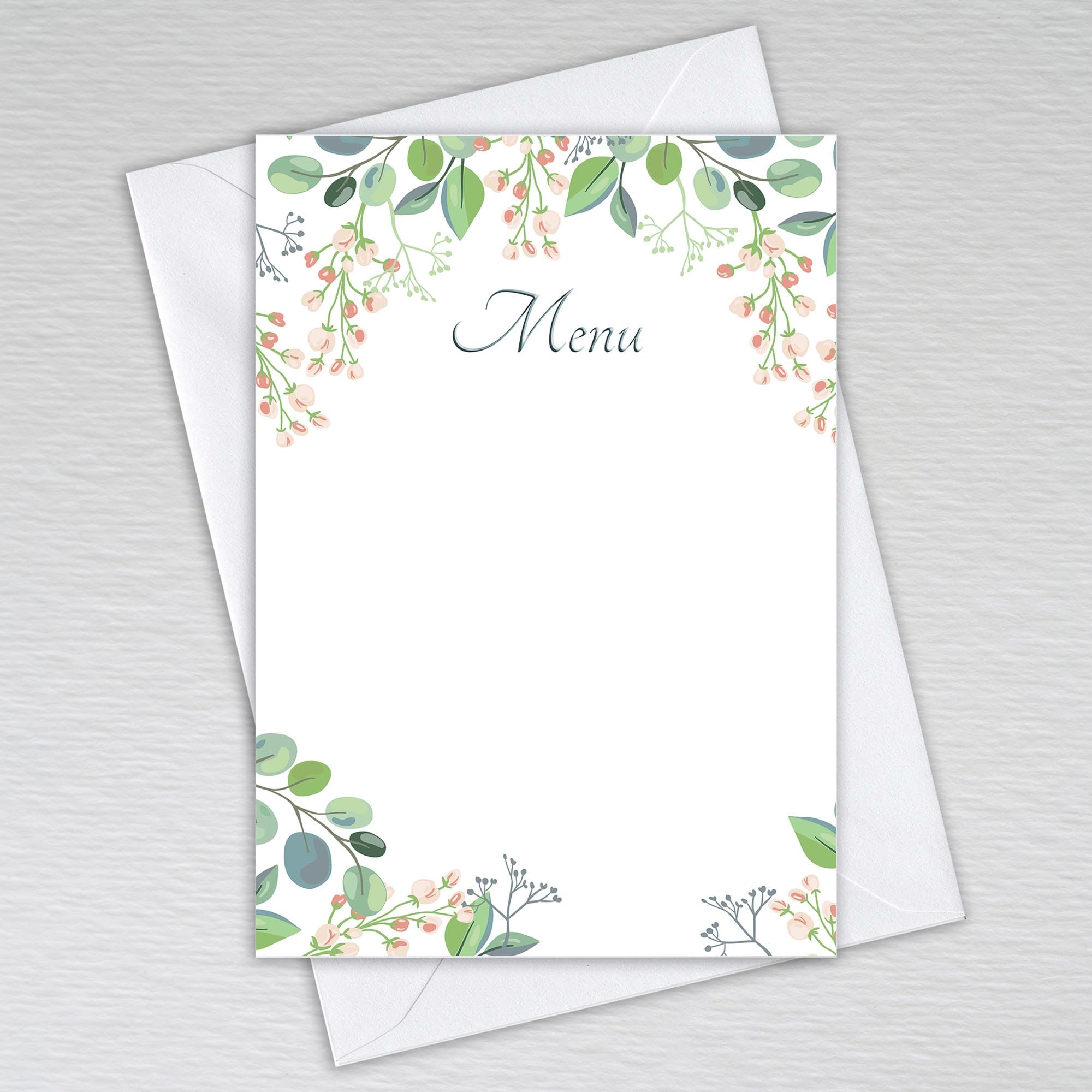 Eucalyptus Blank Wedding Menu Cards for Tables/Write Your Own Menus for Restaurants, Cafes and Dinner Party Venues: Green Eucalyptus Leaves Menu Cards (Pack of 50 with Envelopes)