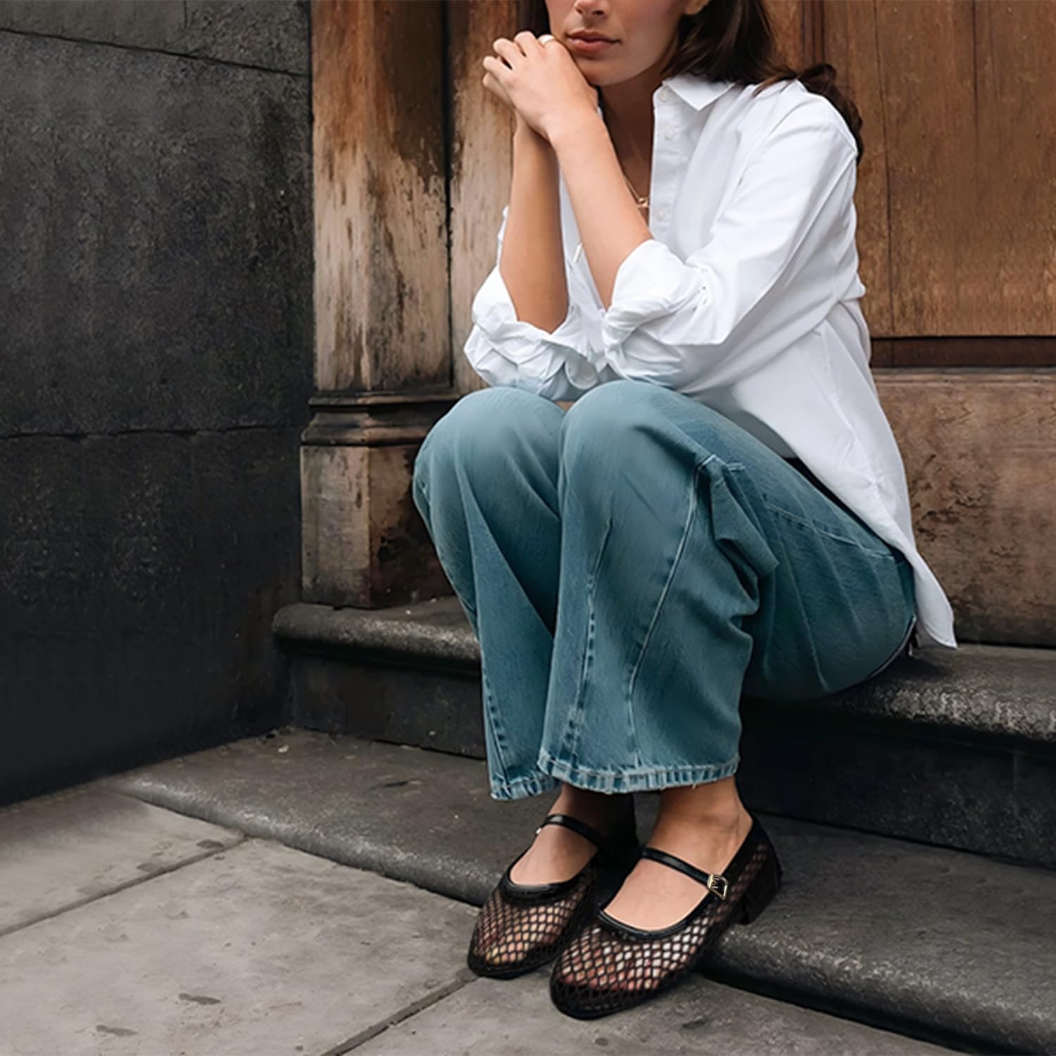 Mesh Flats for Women Breathable Ballet Flats Mary Jane with Buckle Strap, Casual Office Fishnet Ballerina, Soft All-Day Comfy Dressy Shoes - Image 5