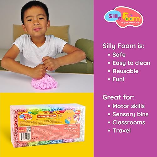 Miniatura 7 de Espuma tonta, cuentas de espuma de modelado creativo, 1 paquete de 6 bloques de color pastel neón, sin lima, sin ensuciar, perfecto para preescolar