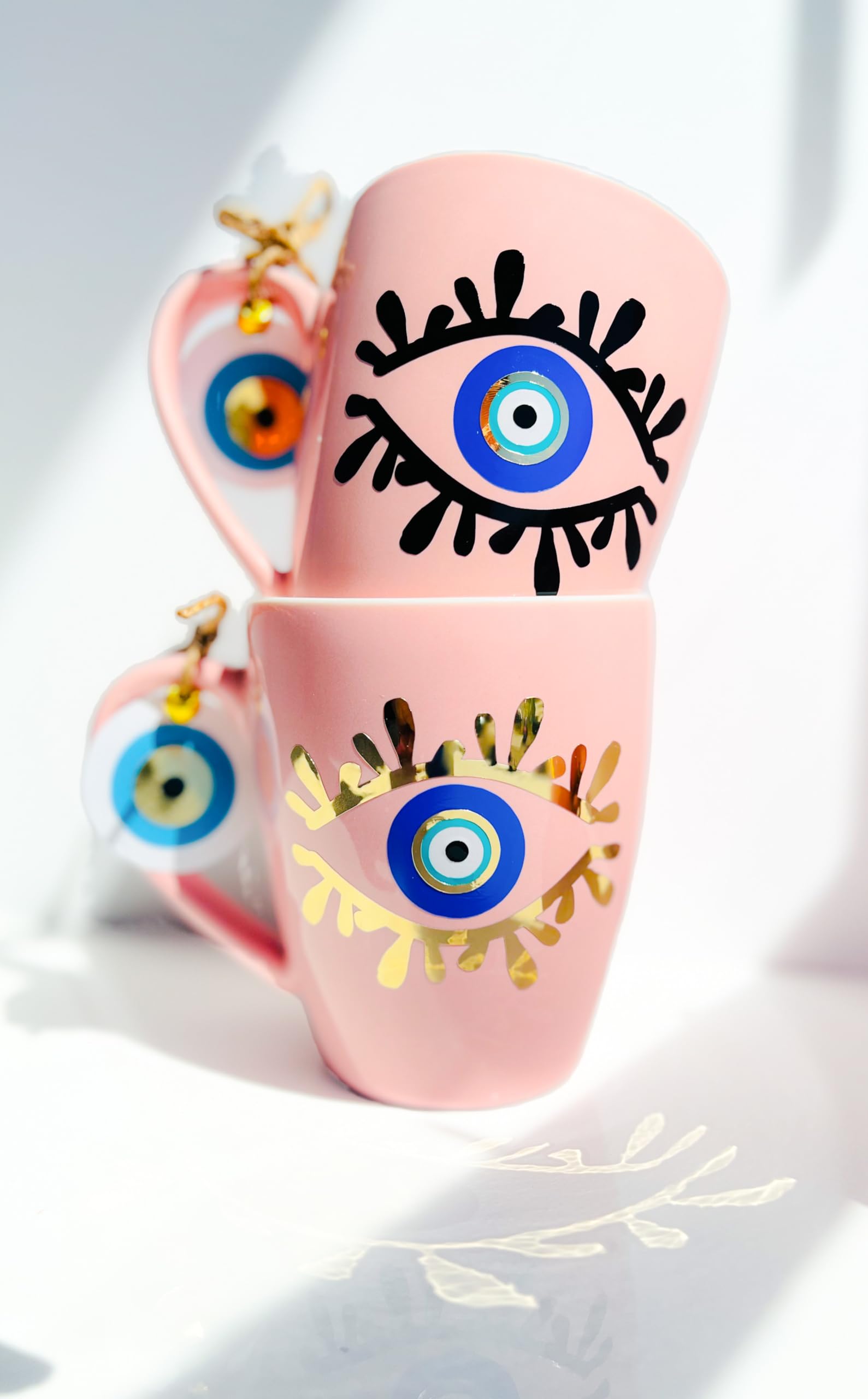 Ceramic Coffee Mug, Hand Painted Design, Pink (Black Lashes)