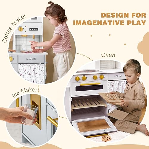Miniatura 5 de Labebe Cocina de madera para niños, juego de cocina de juguete con muchas características de juego y utensilios de cocina, juego de cocina para