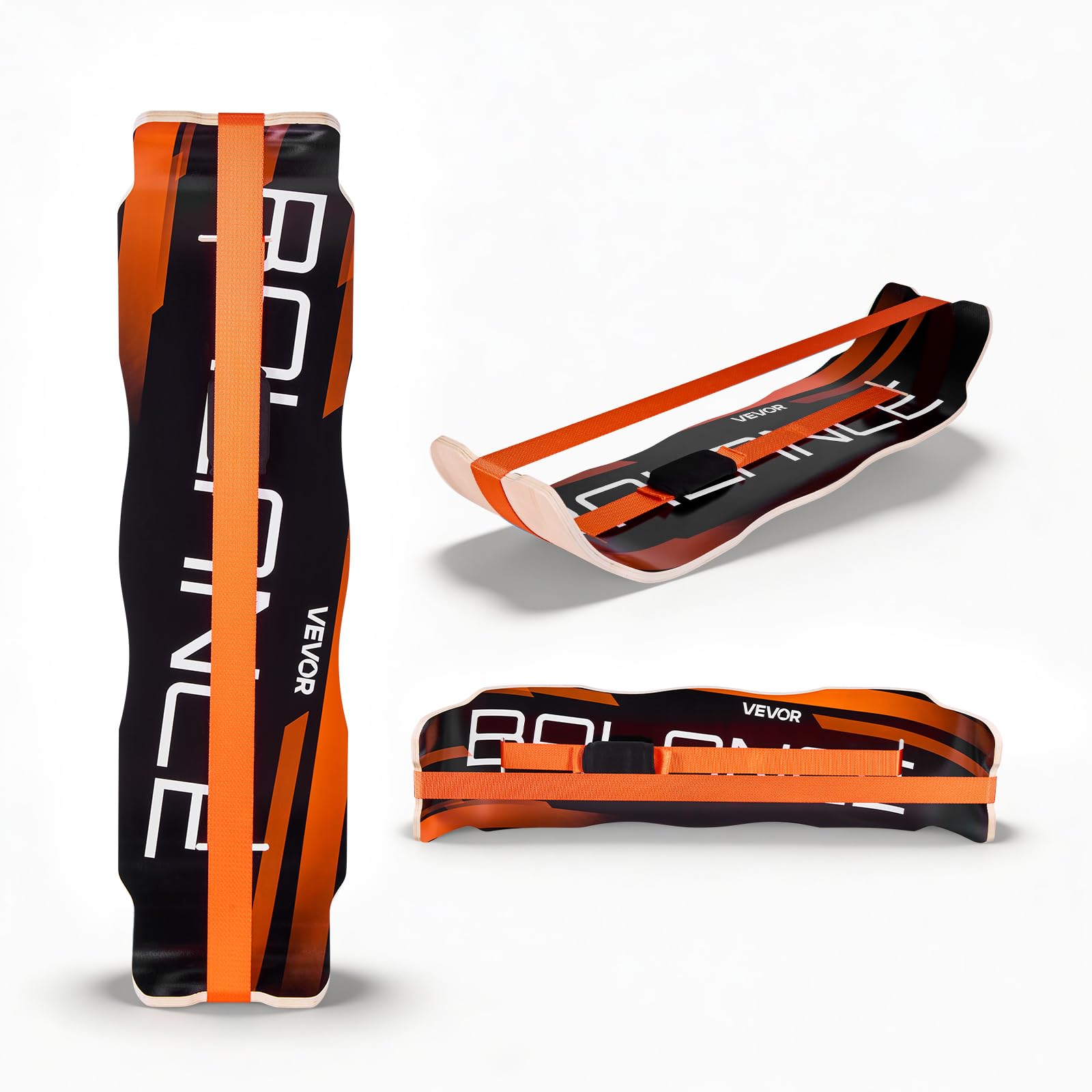 VEVOR Balance Board für Erwachsene (107 cm), Wackelbrett bis 200 kg Belastbar, Gebogenes Balance-Trainingsgerät mit Gurt für Core-Workouts Stehpultübungen Heim-Fitnessstudio Yoga, Orange Schwarz